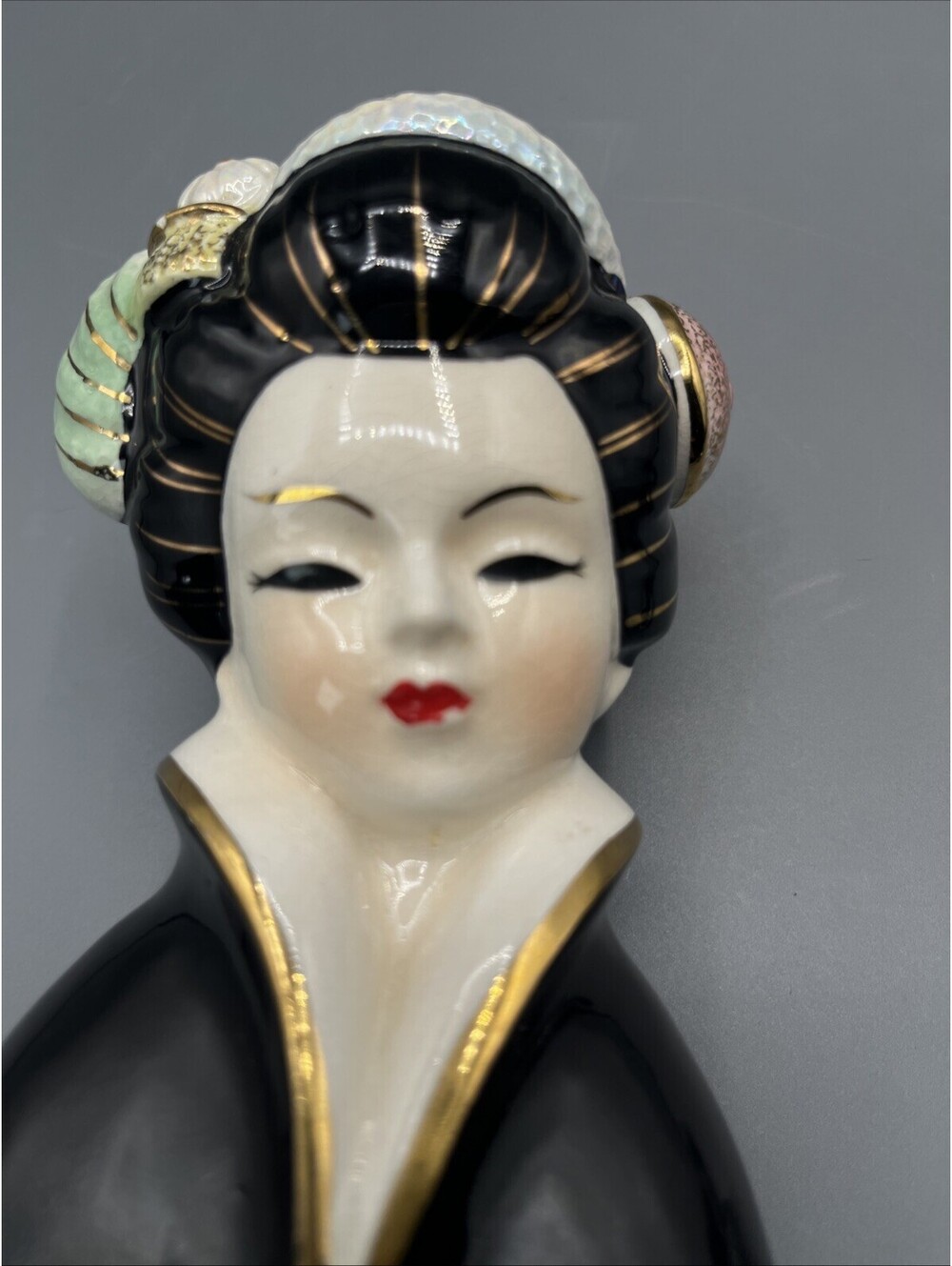 Rare Vintage Japan Geisha Lady Head Vase Black Robe Gold Madame Butterfly MCM - Picture 9 of 11
